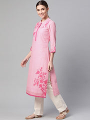 Pink Chevron Floral Embroidered Kurta