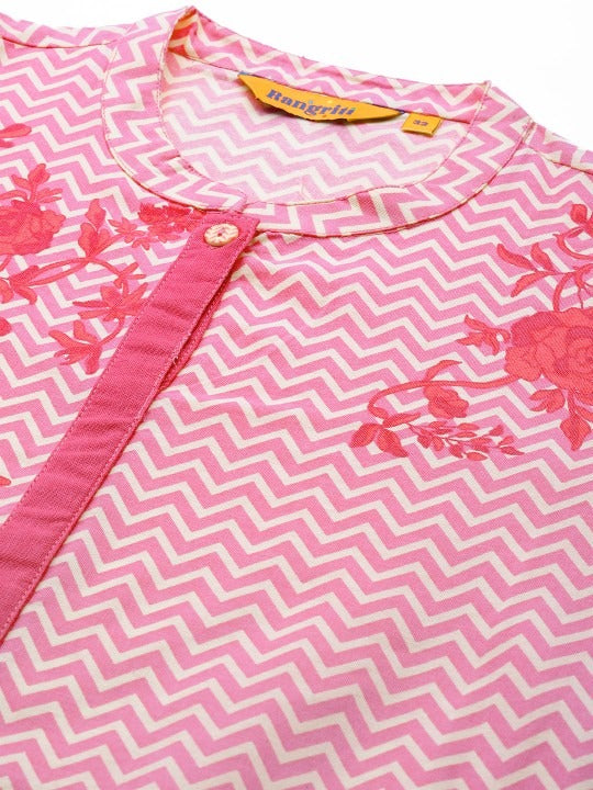 Pink Chevron Floral Embroidered Kurta