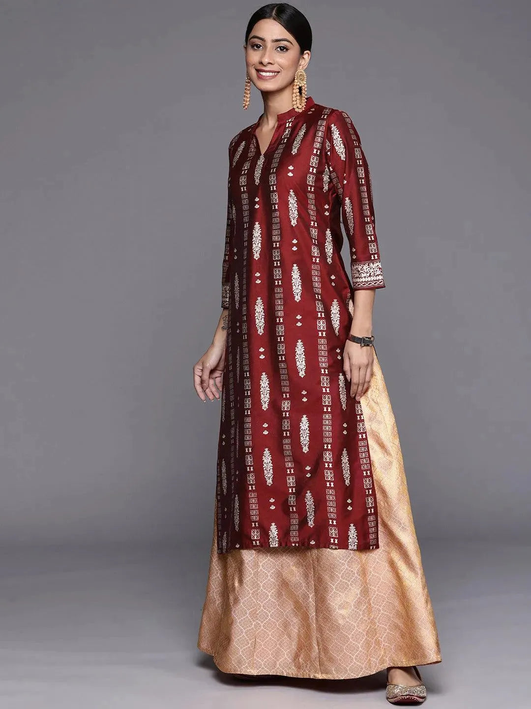 Maroon Printed Silk Straight Kurta LIBAS