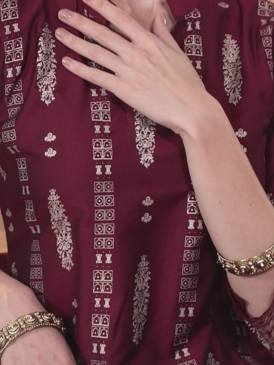 Maroon Printed Silk Straight Kurta LIBAS