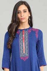 Blue Solid Band Collar Kurta AURELIA