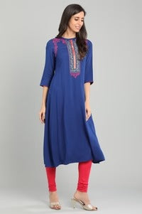 Blue Solid Band Collar Kurta AURELIA