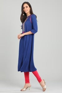 Blue Solid Band Collar Kurta AURELIA