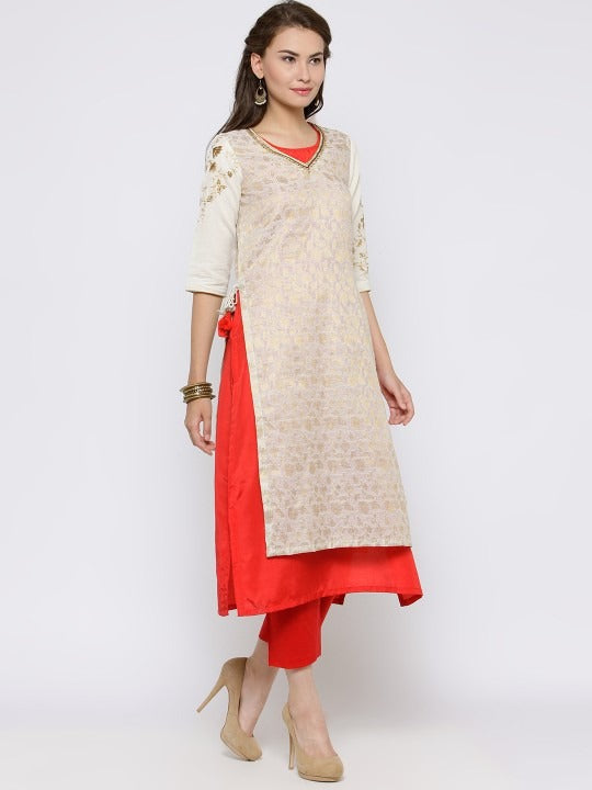 Off-White & Red Woven Design Kurta Biba