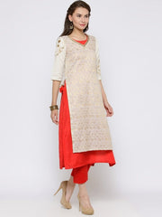 Off-White & Red Woven Design Kurta Biba