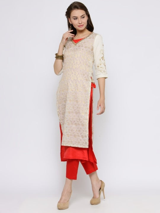 Off-White & Red Woven Design Kurta Biba