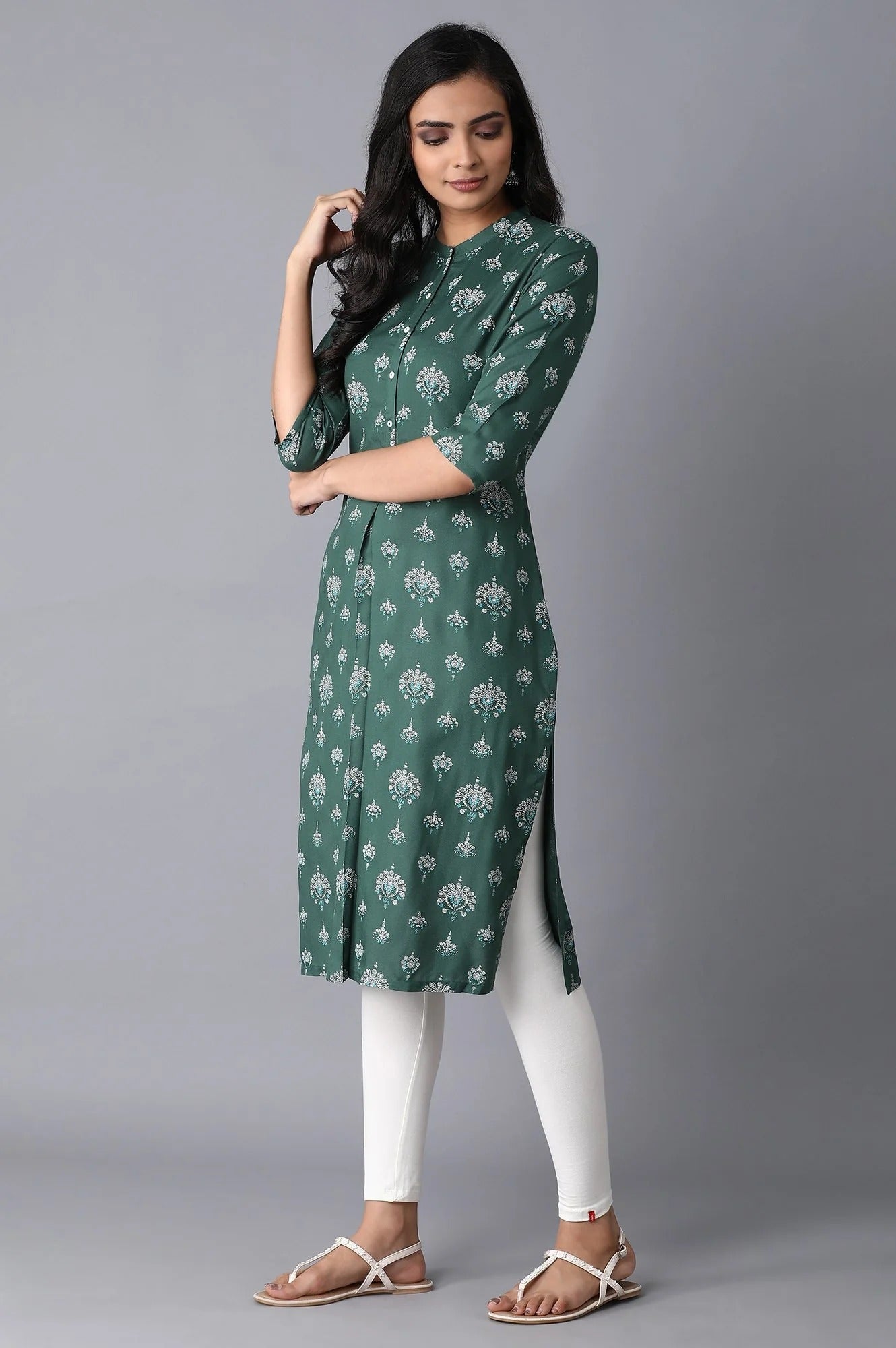 Woman Green Floral Printed Rayon Kurta W for Woman