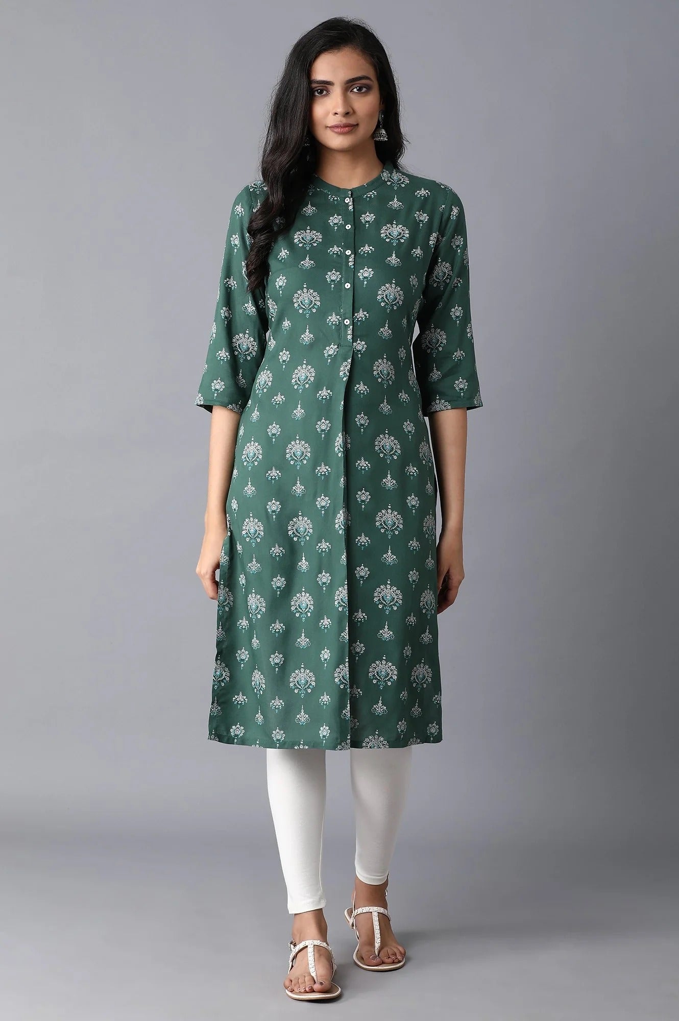 Woman Green Floral Printed Rayon Kurta W for Woman