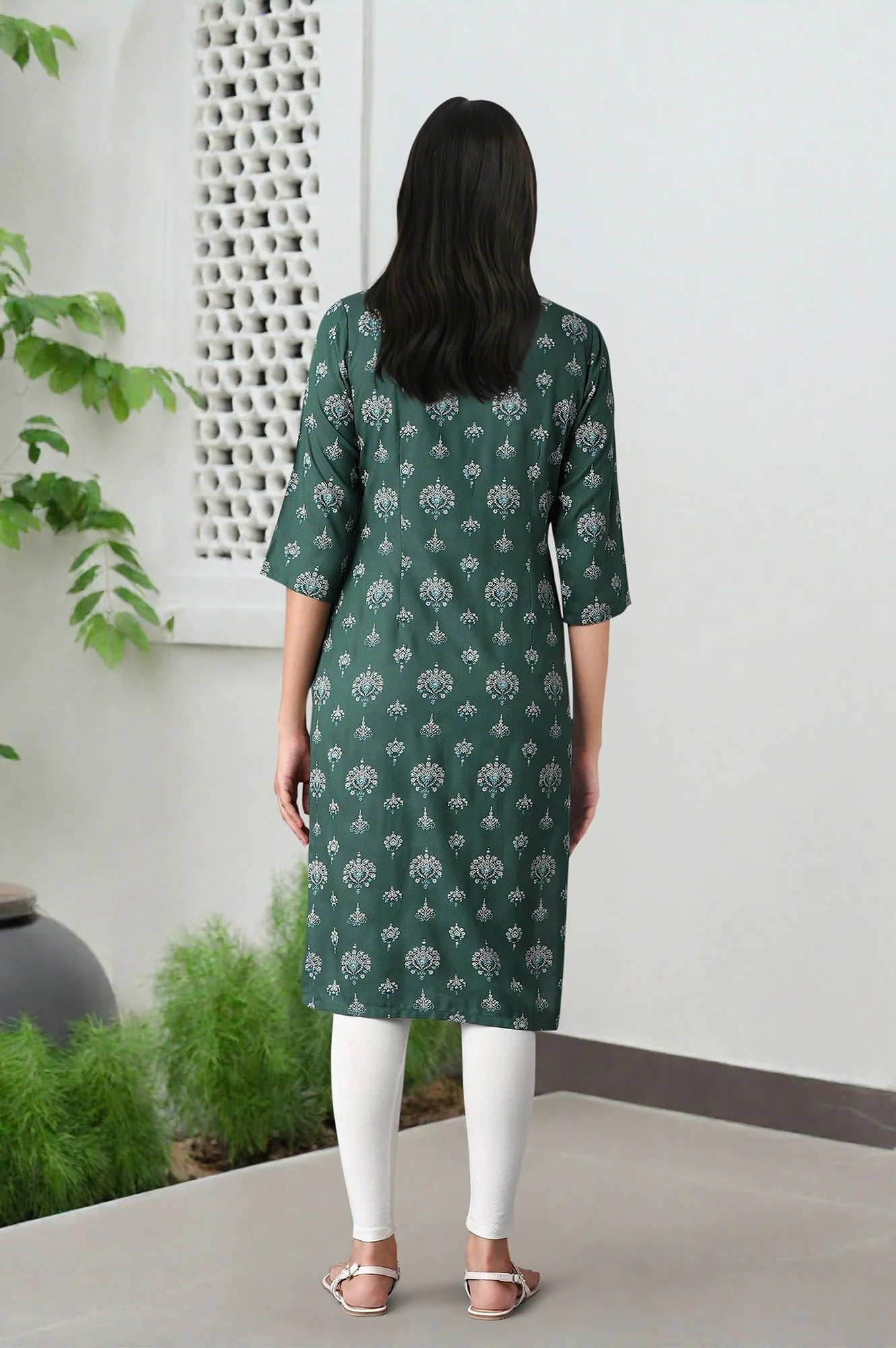 Woman Green Floral Printed Rayon Kurta W for Woman