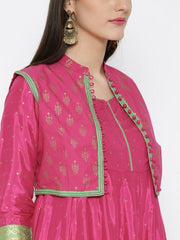 Pink Printed Anarkali Kurta with Ethnic Jacket Biba