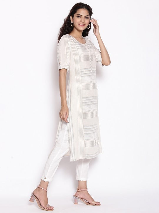 Beige Yarn-Dyed Geometric Print Kurta AURELIA