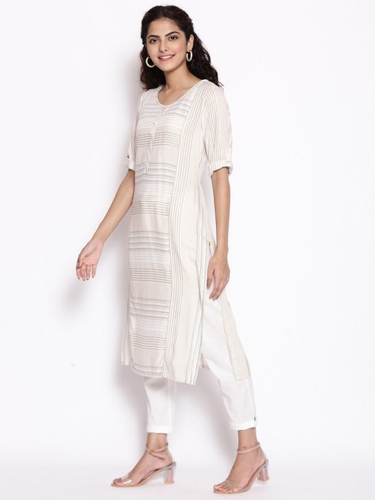 Beige Yarn-Dyed Geometric Print Kurta AURELIA