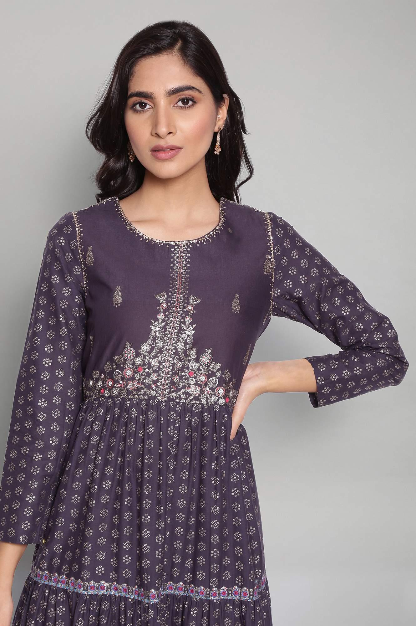 Navy Blue Printed Dress with Embroidery W for Women's