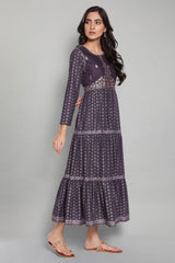 Navy Blue Printed Dress with Embroidery W for Women's