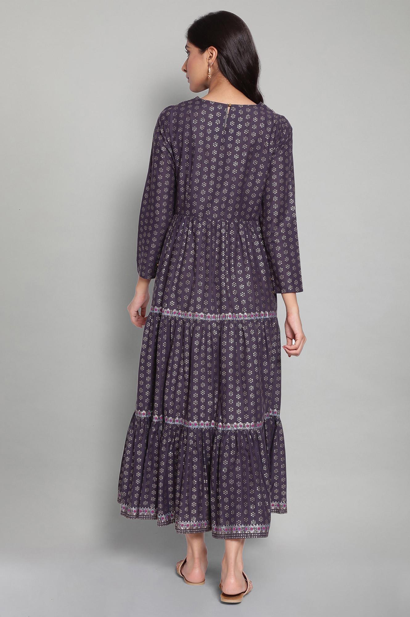 Navy Blue Printed Dress with Embroidery W for Women's