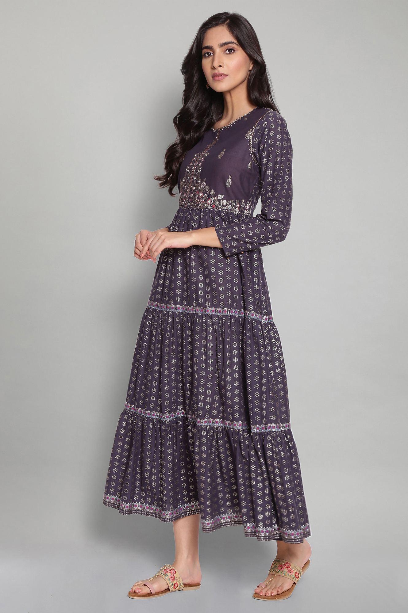 Navy Blue Printed Dress with Embroidery W for Women's