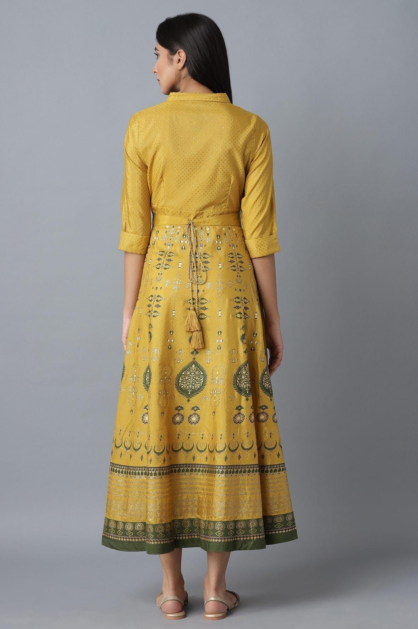 Woman Mustard Printed Dress with Belt W for Woman