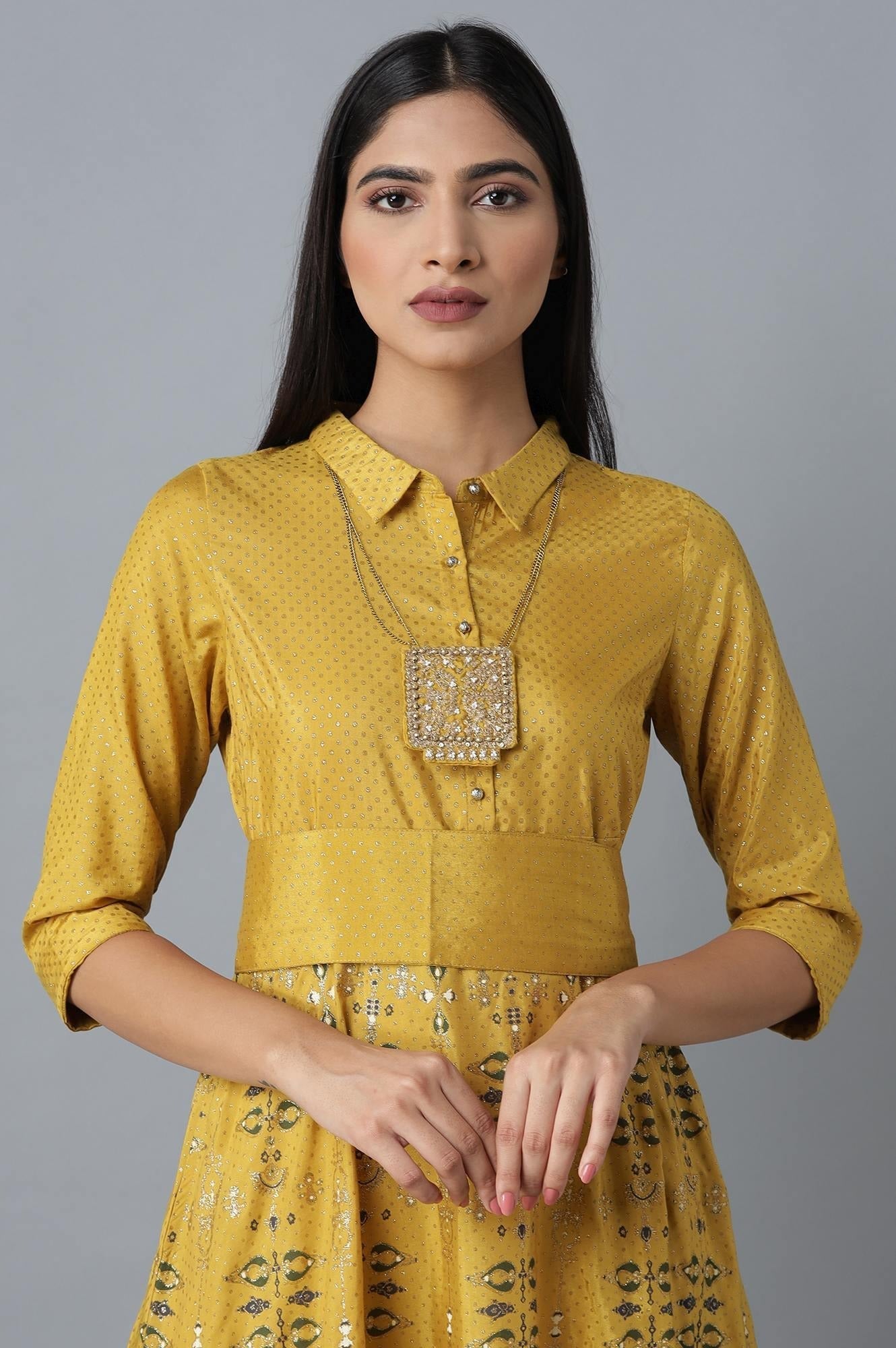 Woman Mustard Printed Dress with Belt W for Woman