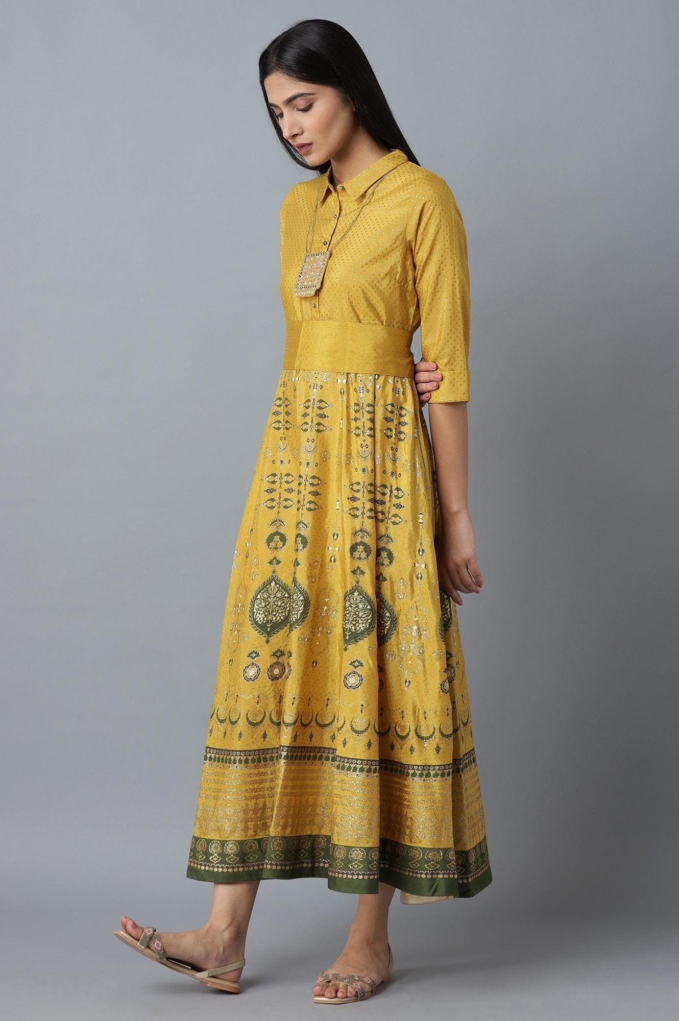 Woman Mustard Printed Dress with Belt W for Woman