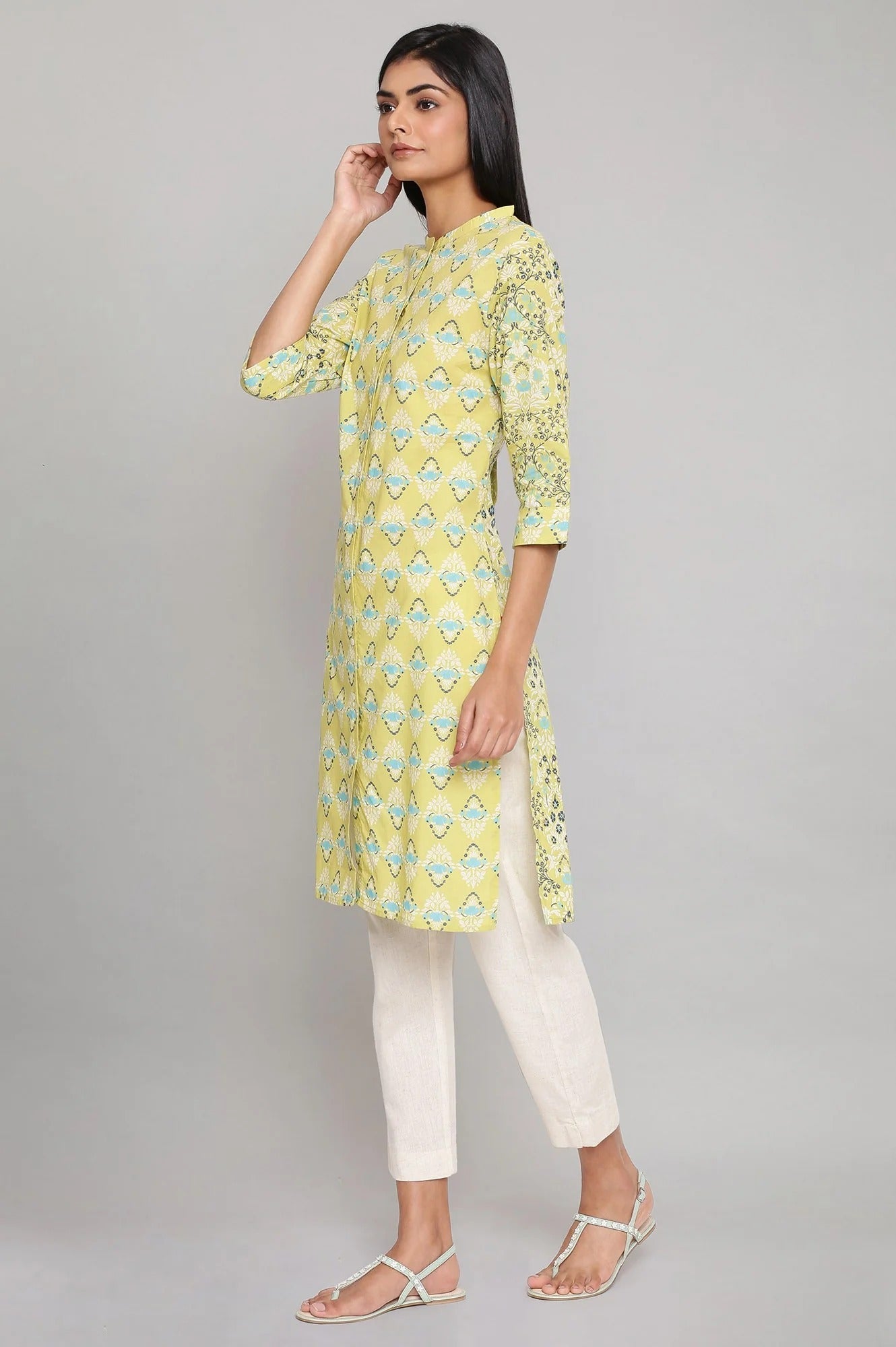 Woman Beige Printed Button-Down Kurta W for Woman