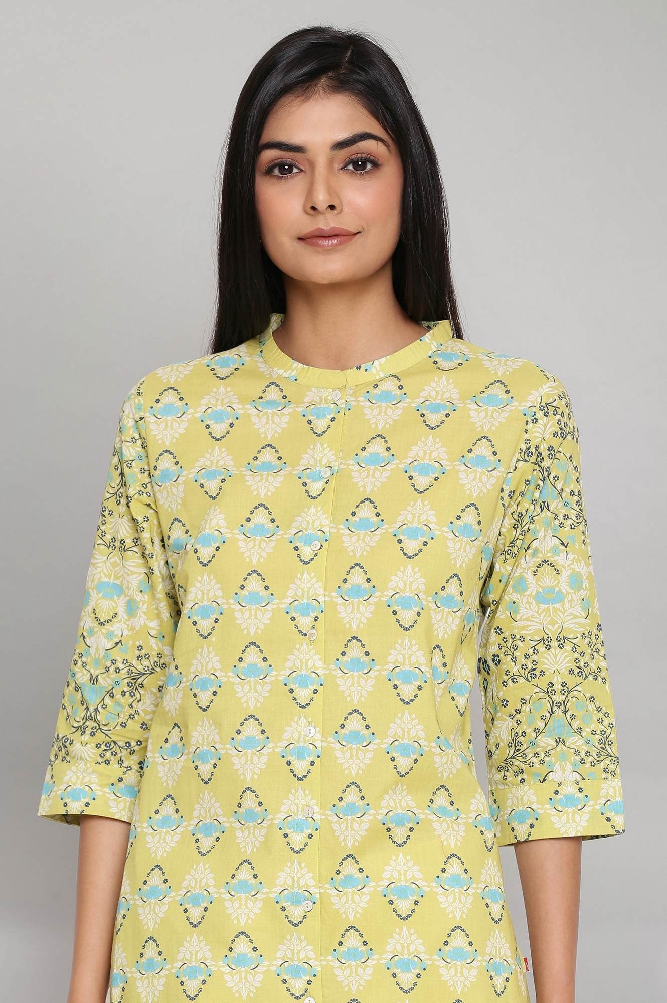 Woman Beige Printed Button-Down Kurta W for Woman