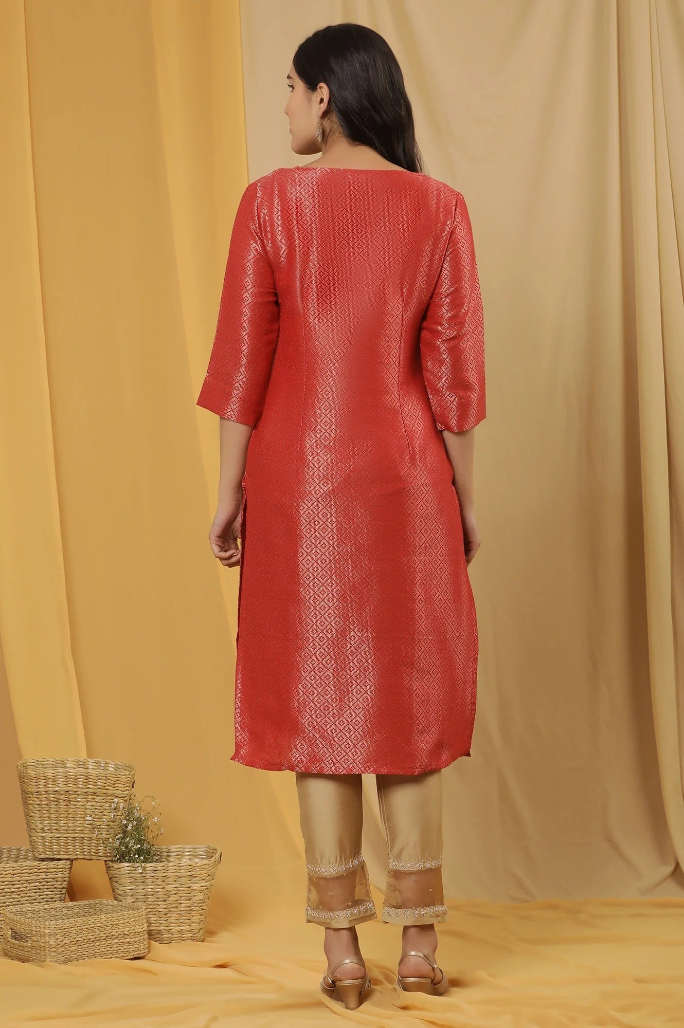 Woman Red Geometric Printed Dobby Kurta W for Woman