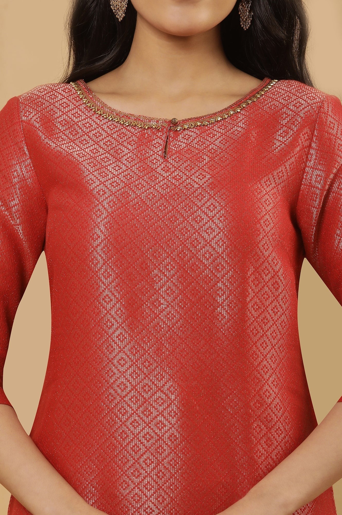 Woman Red Geometric Printed Dobby Kurta W for Woman
