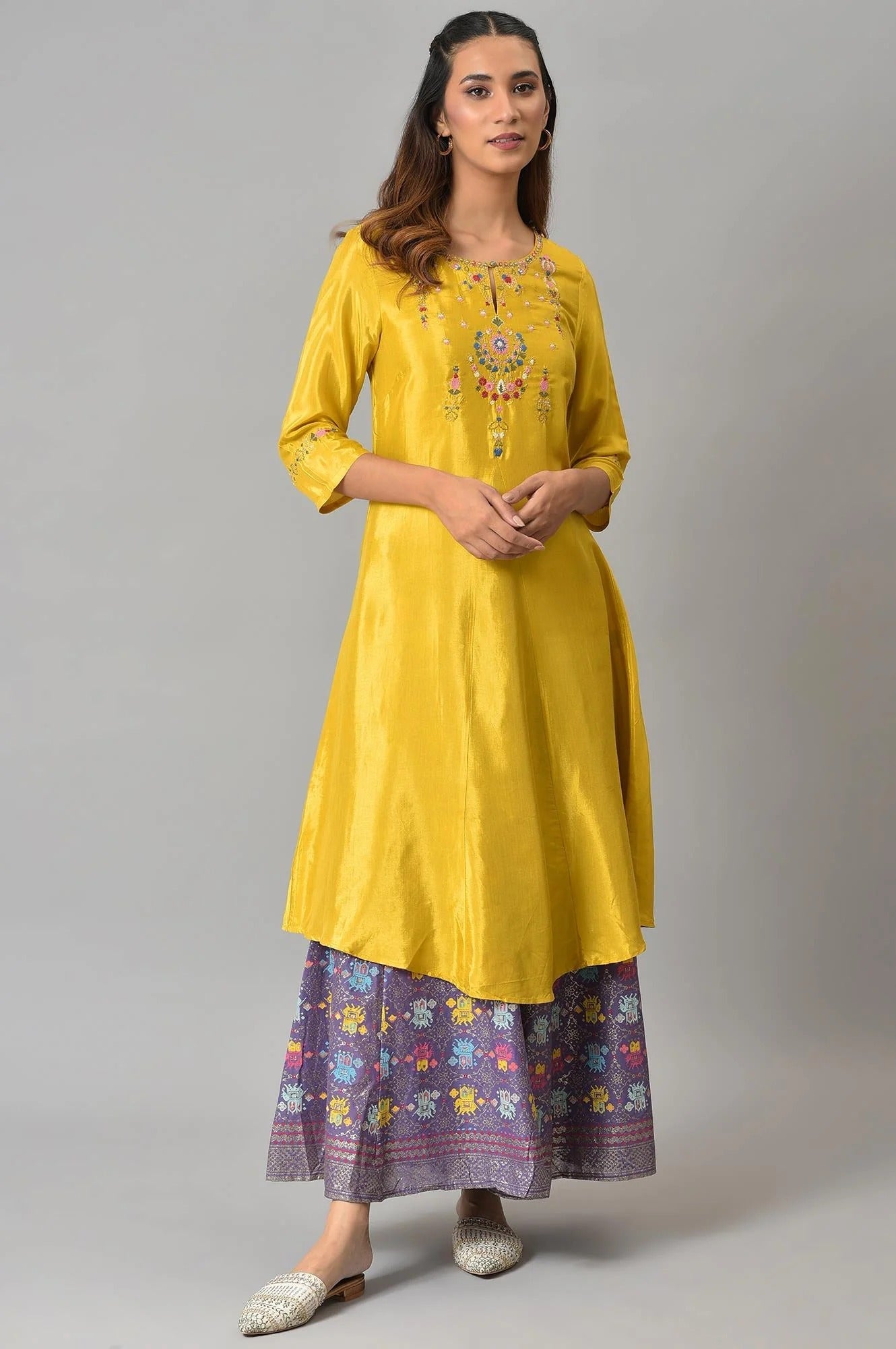 Woman Mellow Yellow Embroidered A-Line Kurta W for Woman