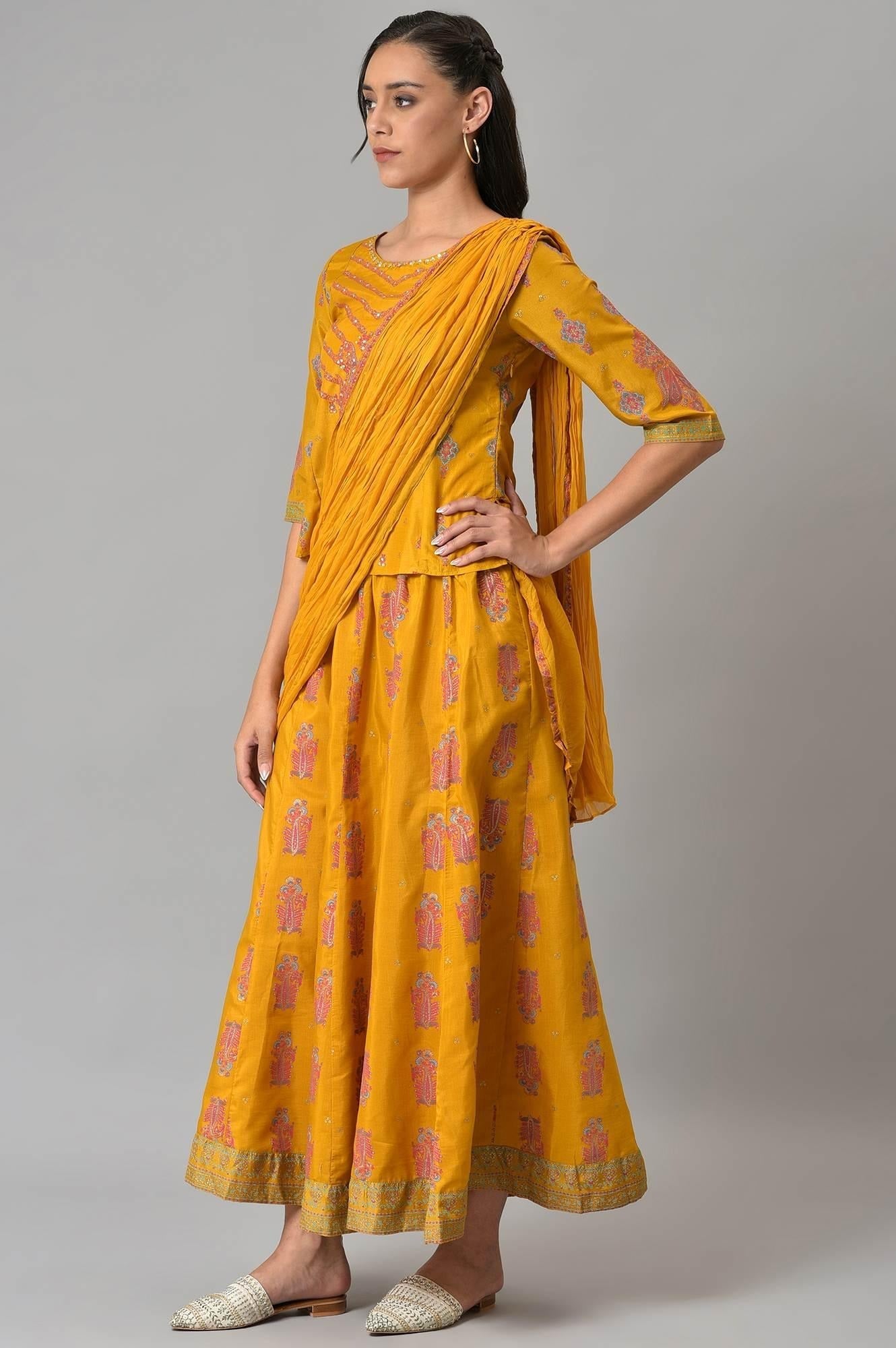 Woman Mustard Festive A-Line Top with Culottes W for Woman