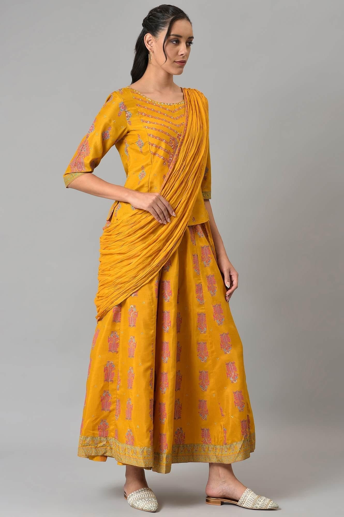 Woman Mustard Festive A-Line Top with Culottes W for Woman