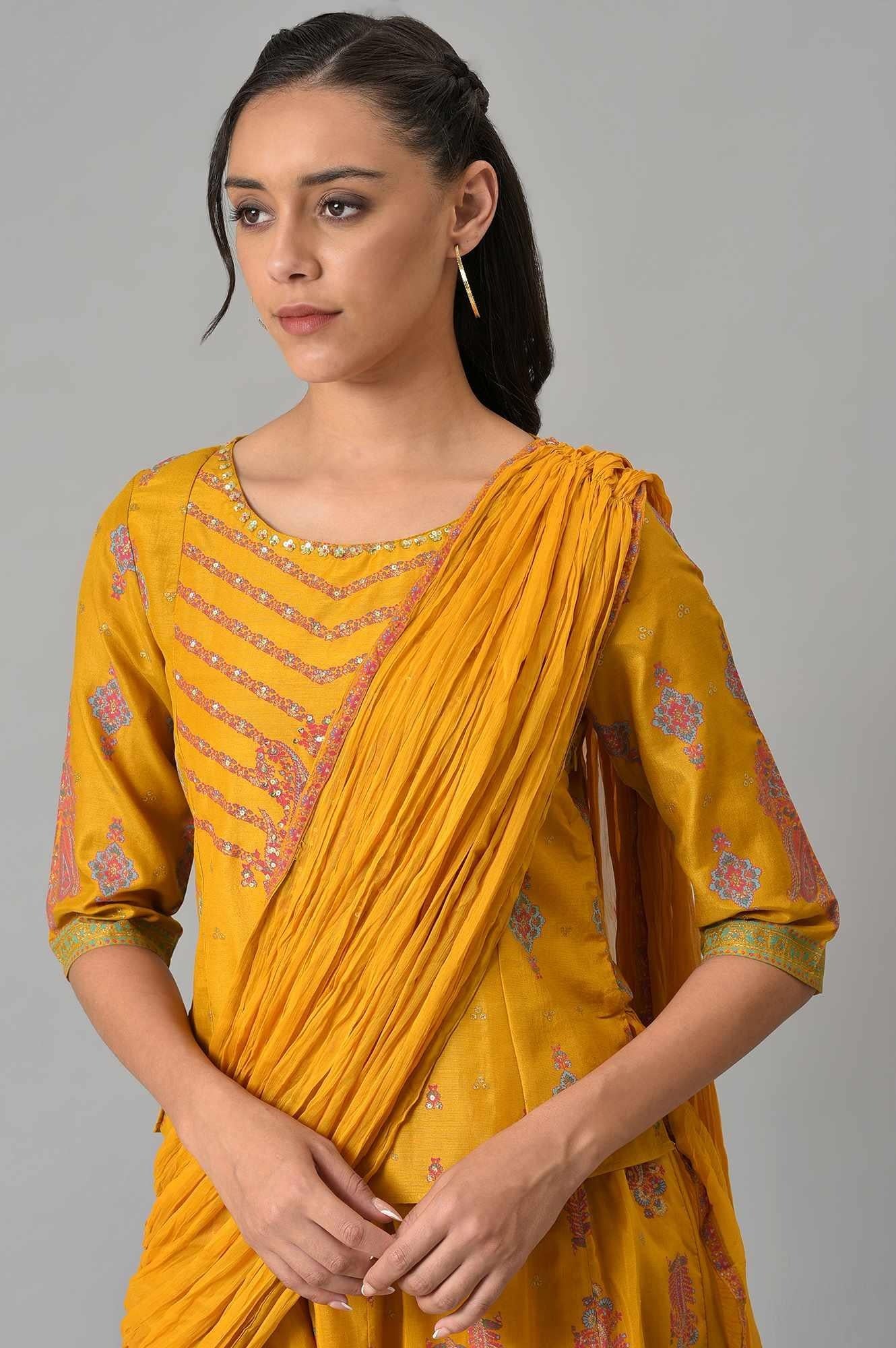 Woman Mustard Festive A-Line Top with Culottes W for Woman
