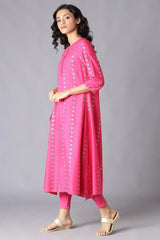 Woman Dark Pink Saree-Style Kurta with Churidar W for Woman