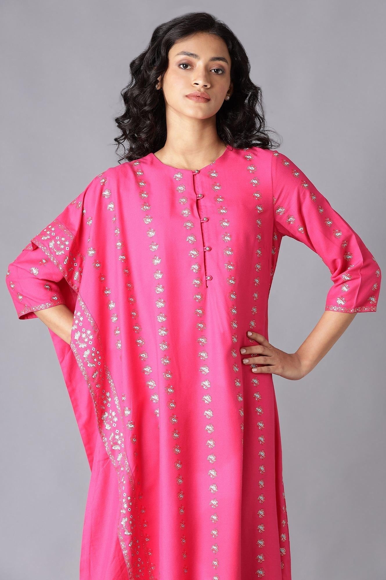 Woman Dark Pink Saree-Style Kurta with Churidar W for Woman