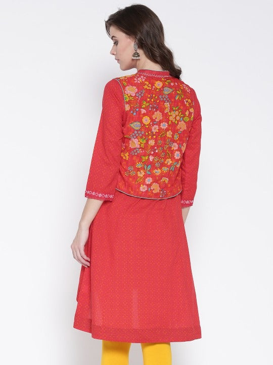 Red Printed A-Line Kurta with Ethnic Jacket BIBA
