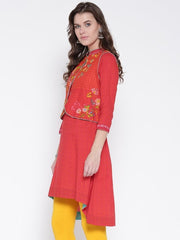 Red Printed A-Line Kurta with Ethnic Jacket BIBA