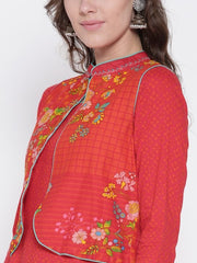 Red Printed A-Line Kurta with Ethnic Jacket BIBA