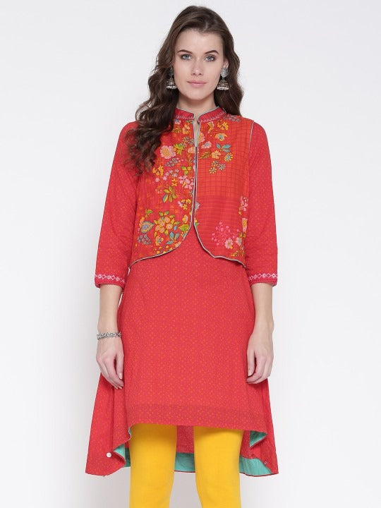 Red Printed A-Line Kurta with Ethnic Jacket BIBA