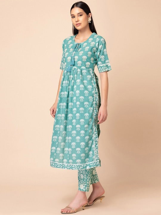 Green Ethnic Motif Pleated Kurti Set INDYA