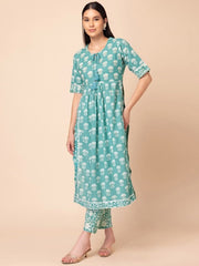 Green Ethnic Motif Pleated Kurti Set INDYA