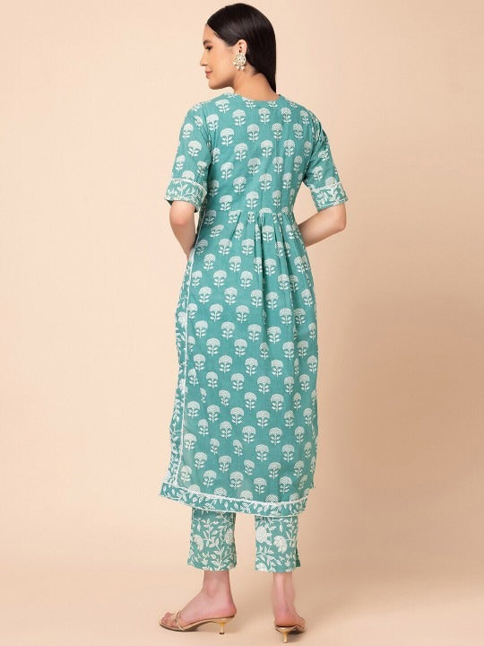 Green Ethnic Motif Pleated Kurti Set INDYA