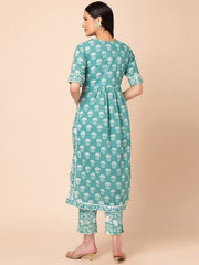 Green Ethnic Motif Pleated Kurti Set INDYA