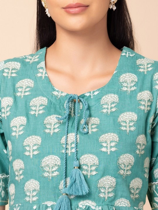 Green Ethnic Motif Pleated Kurti Set INDYA