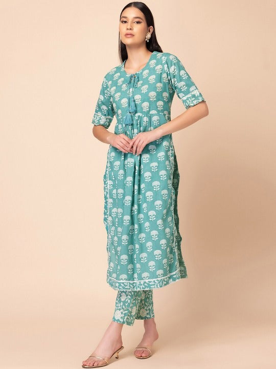 Green Ethnic Motif Pleated Kurti Set INDYA