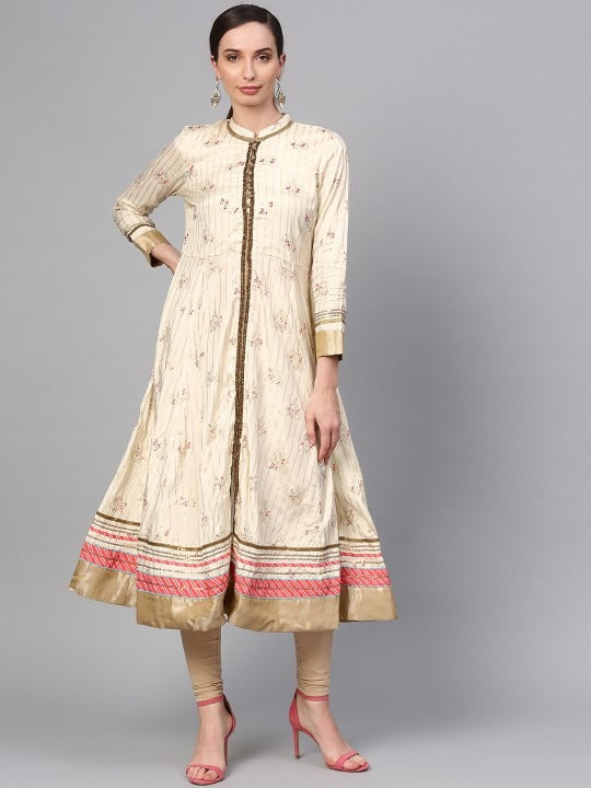 Off-White & Golden Printed Anarkali Kurta WISHFUL