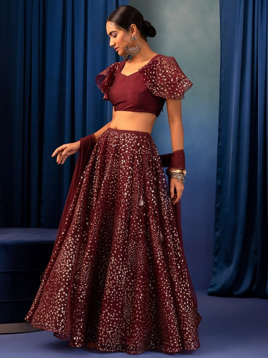 Maroon & Gold Printed Lehenga Set INDYA