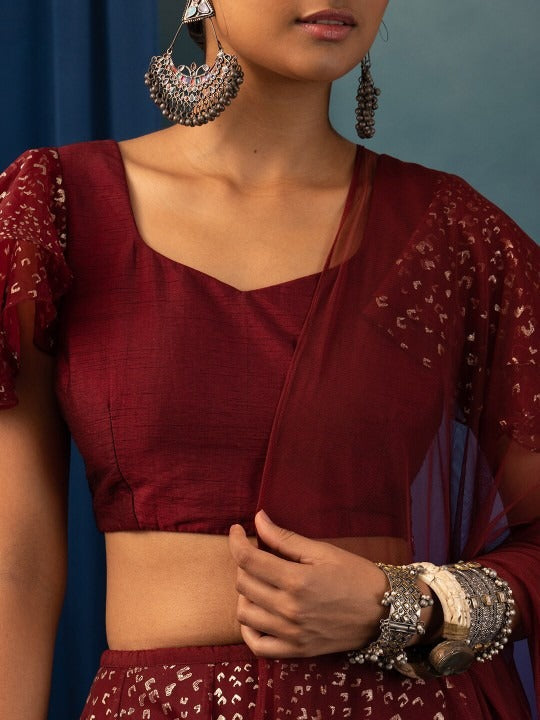 Maroon & Gold Printed Lehenga Set INDYA