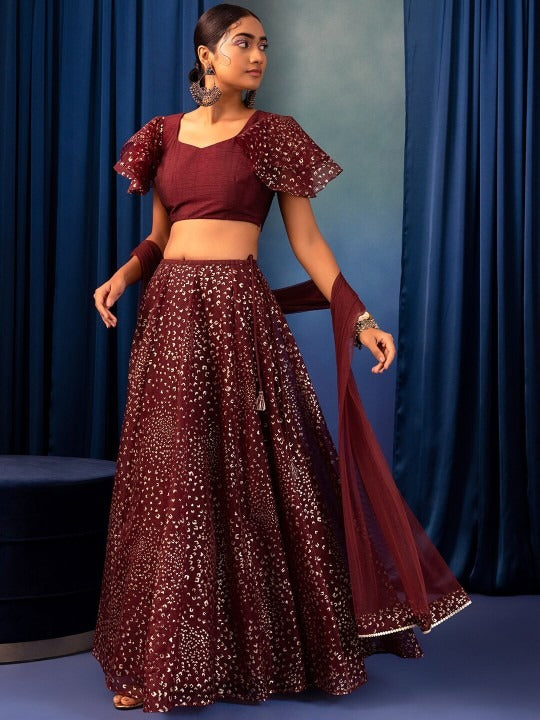 Maroon & Gold Printed Lehenga Set INDYA