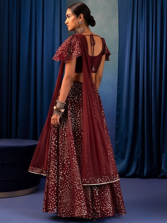 Maroon & Gold Printed Lehenga Set INDYA