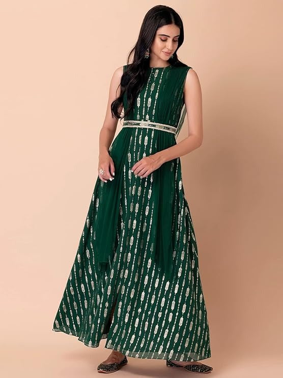 Green Foil-Printed Draped Kurta INDYA