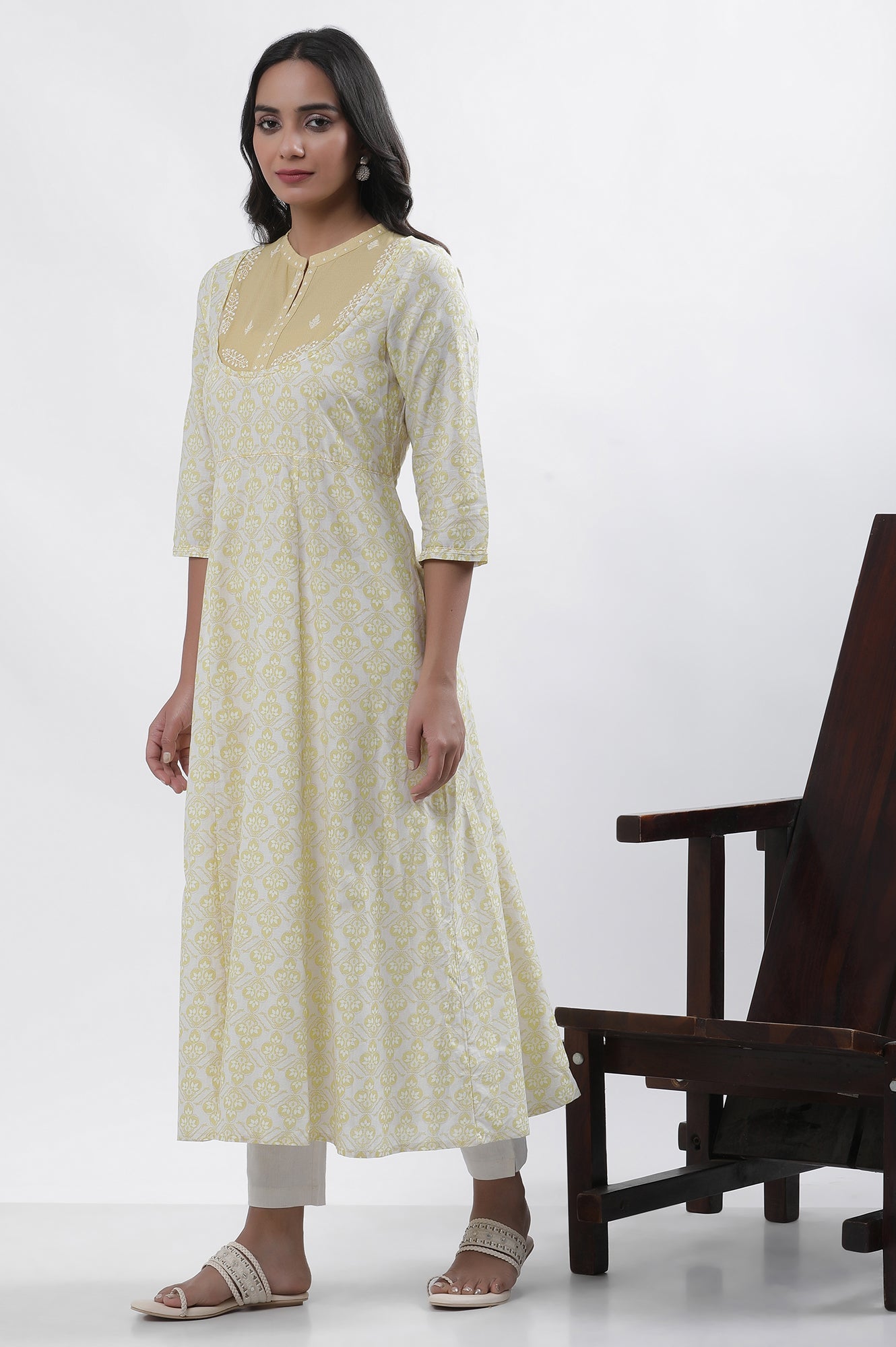 Pale Yellow Printed Dress (No Pants) W for Women's